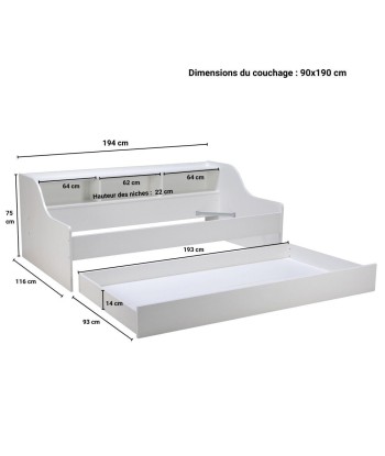 Lit enfant Palma 90x190 avec étagère et tiroir Blanc l'achat 